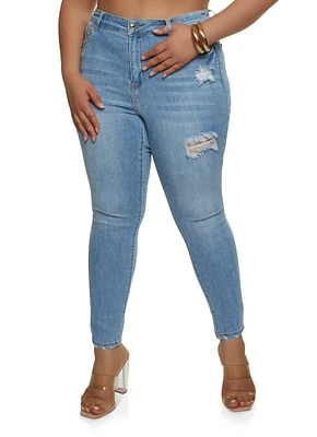 Womens Plus Size WAX Distressed High Rise Skinny Jeans, Blue, Size 3X