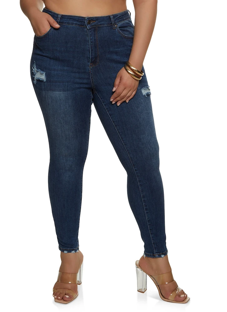 Womens Plus Size WAX Distressed High Rise Skinny Jeans, Blue, Size 1X