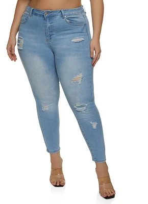 Womens Plus WAX Distressed Cropped Jeans, Blue,