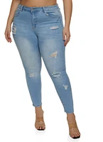 Womens Plus Size WAX Distressed Cropped Jeans, Blue, Size 22