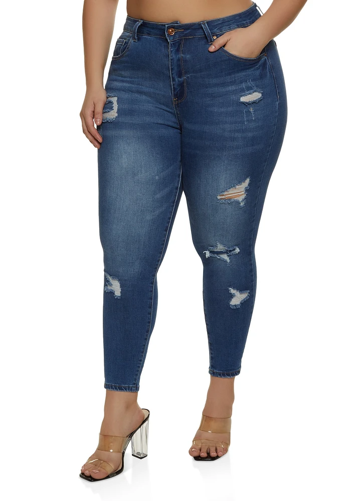 Womens Plus Size WAX Distressed Cropped Jeans, Blue, Size 18