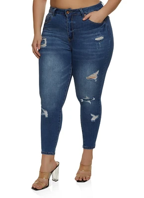 Womens Plus Size WAX Distressed Cropped Jeans, Blue, Size 18