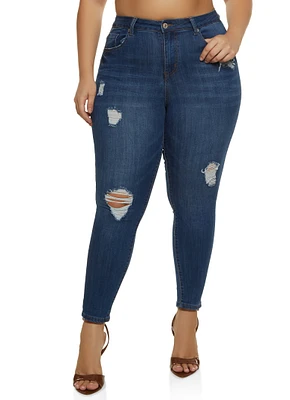 Womens Plus Size WAX Distressed Stretch Skinny Jeans, Blue, Size 14
