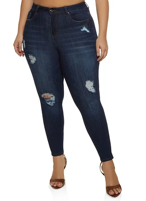 Womens Plus Size WAX Distressed Stretch Skinny Jeans, Blue, Size 16