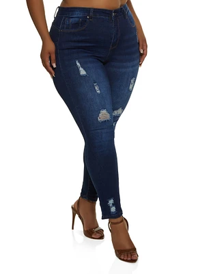 Womens Plus WAX High Rise Distressed Push Up Skinny Jeans, Blue,