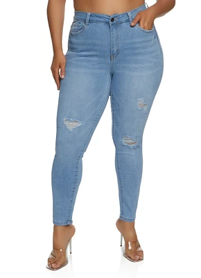Womens Plus Size WAX Distressed Whiskered High Waisted Skinny Jeans, Blue, Size 18