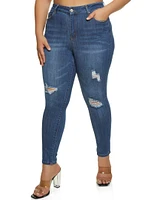 Womens Plus Size WAX Distressed Whiskered High Waisted Skinny Jeans, Blue, Size 20