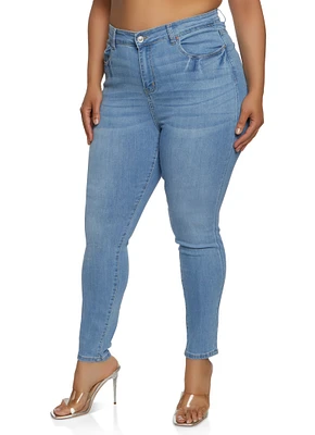 Womens Plus Size WAX High Waist Whiskered Skinny Jeans, Blue, Size 2X