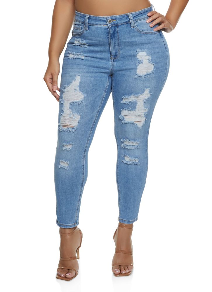 Womens Plus Size WAX Distressed Skinny Leg Jeans, Blue, Size 14