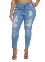 Womens Plus WAX Distressed Skinny Leg Jeans, Blue,