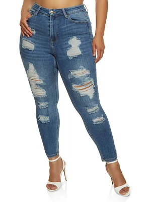 Womens Plus Size WAX Distressed Skinny Leg Jeans, Blue, Size 16