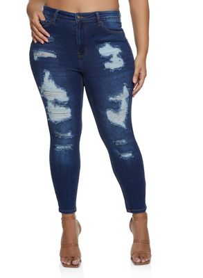 Womens Plus Size WAX Distressed Skinny Leg Jeans, Blue, Size 14