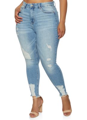 Womens Plus Size WAX Frayed Hem Skinny Jeans, Blue, Size 16