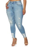 Womens Plus WAX Frayed Hem Skinny Jeans, Blue,