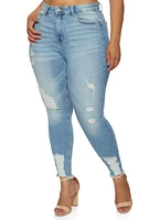 Womens Plus WAX Frayed Hem Skinny Jeans, Blue,
