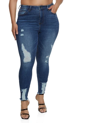 Womens Plus Size WAX Frayed Hem Skinny Jeans, Blue, Size 18