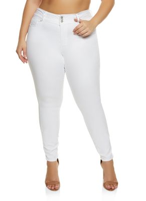 Womens Plus WAX 3 Button High Waist Jeans, White,