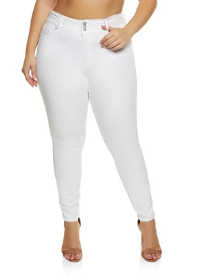 Womens Plus Size WAX 3 Button High Waist Jeans, White, Size 14