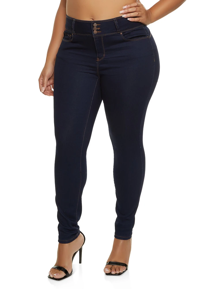 Womens Plus Size WAX 3 Button High Waist Jeans, Blue, Size 14