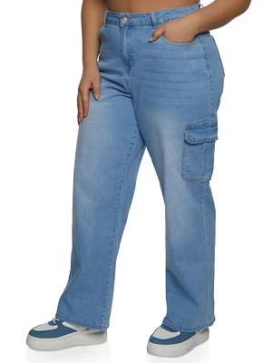 Womens Plus Size WAX Whiskered Wide Leg Cargo Jeans, Blue, Size 14