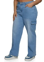Womens Plus Size WAX Whiskered Wide Leg Cargo Jeans, Blue, Size 14