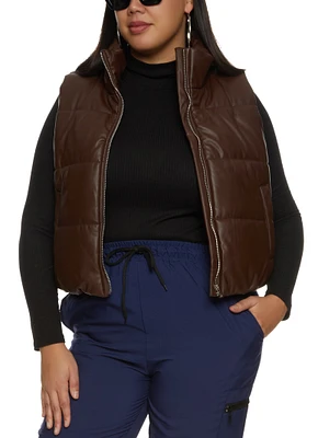 Womens Plus Size Faux Leather Zip Front Puffer Vest, Brown, Size 1X