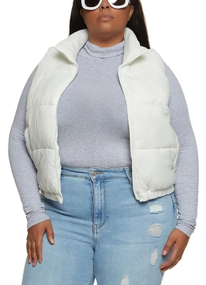 Womens Plus Size Mock Neck Puffer Vest, White, Size 2X