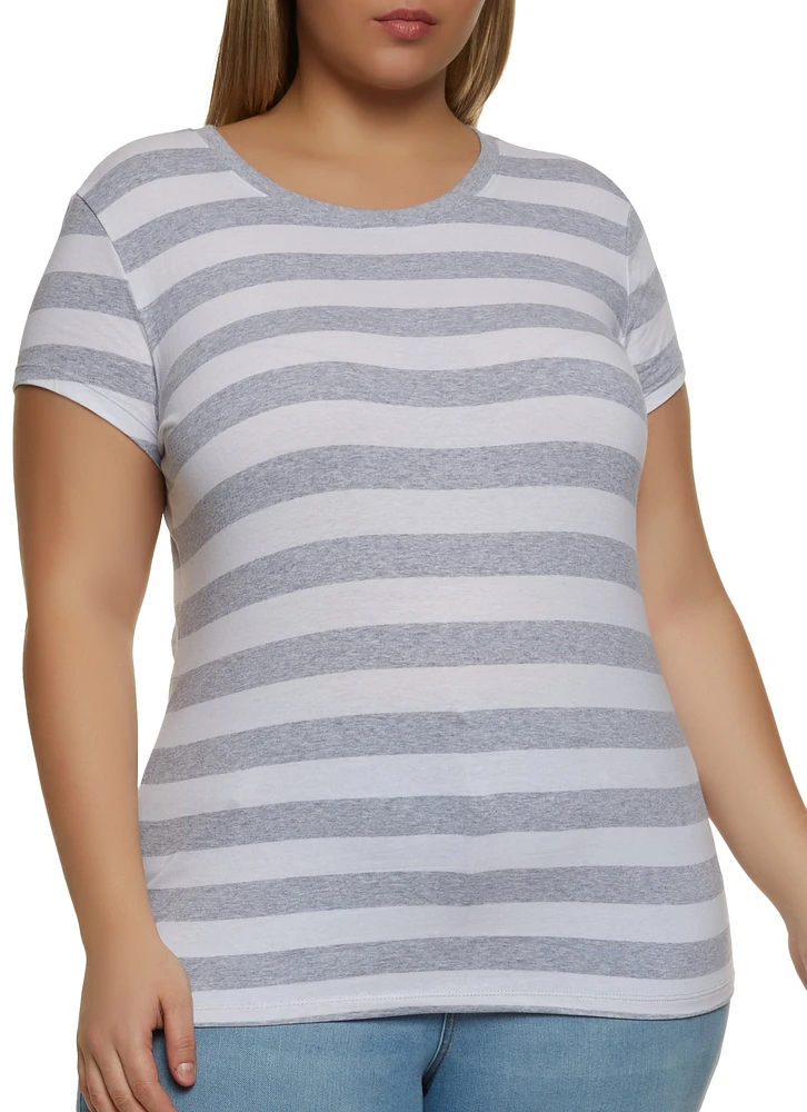 Womens Plus Striped Crew Neck Tee