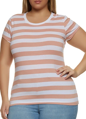Womens Plus Size Striped Crew Neck Tee, Multi, Size 1X