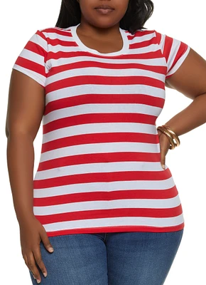 Womens Plus Size Striped Crew Neck Tee, Red, Size 1X