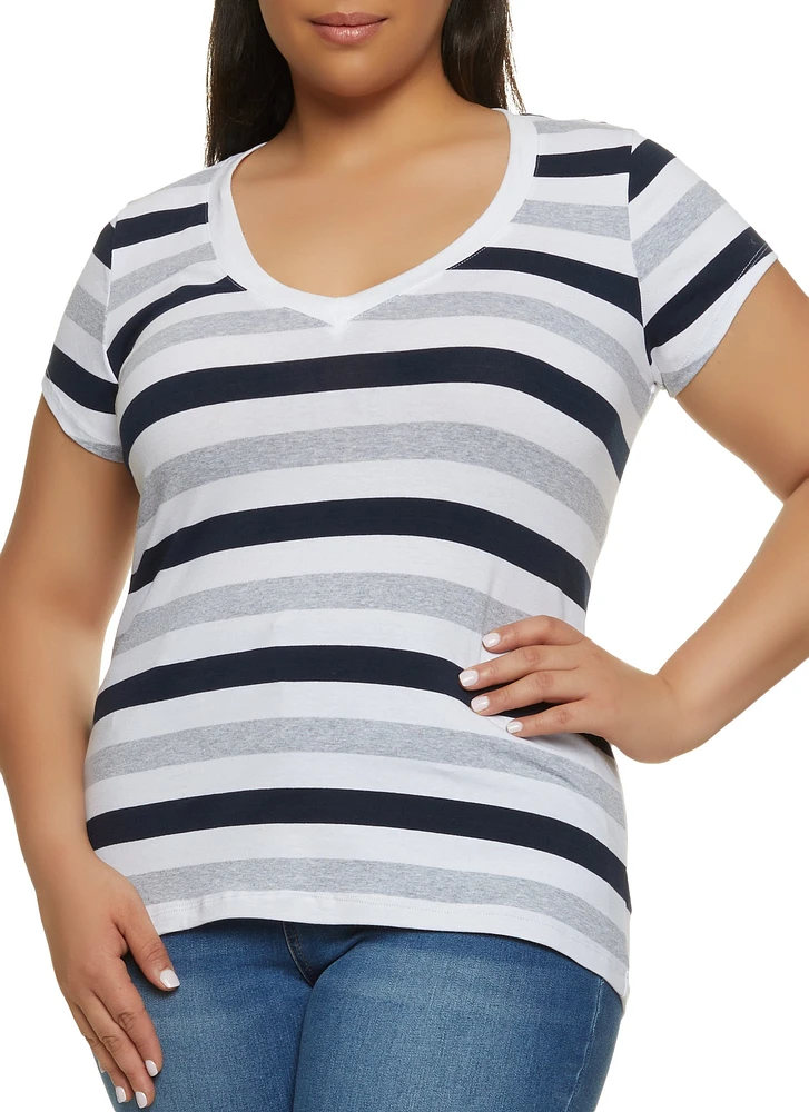 Womens Plus Size Striped V Neck Short Sleeve Tee, Multi, Size 2X