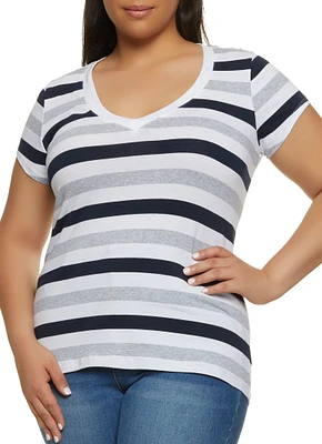 Womens Plus Size Striped V Neck Short Sleeve Tee, Multi, Size 2X