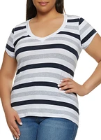 Womens Plus Size Striped V Neck Short Sleeve Tee, Multi, Size 2X