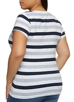 Womens Plus Size Striped V Neck Short Sleeve Tee, Multi, Size 2X