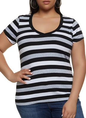 Womens Plus Striped V Neck Short Sleeve Tee, Multi,