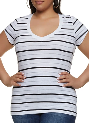 Womens Plus Basic Striped V Neck Tee, Multi,