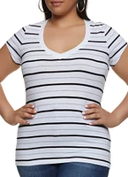 Womens Plus Basic Striped V Neck Tee, Multi,