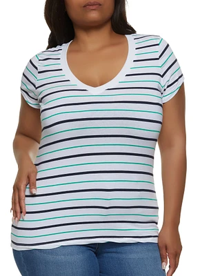 Womens Plus Size Basic Striped V Neck Tee, Multi, Size 3X
