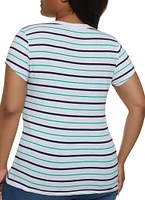 Womens Plus Size Basic Striped V Neck Tee, Multi, Size 3X