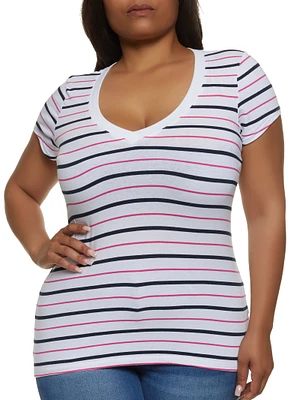 Womens Plus Basic Striped V Neck Tee, Multi,