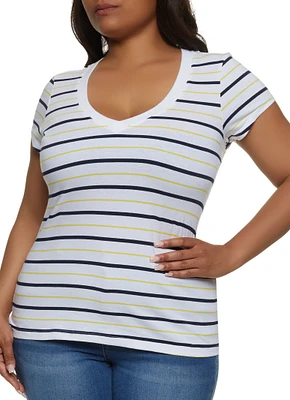 Womens Plus Basic Striped V Neck Tee,