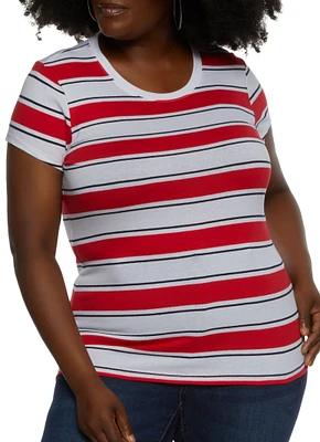 Womens Plus Size Striped Crew Neck Top, Red, Size 1X