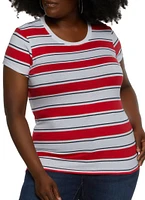 Womens Plus Size Striped Crew Neck Top, Red, Size 1X
