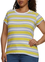 Womens Plus Size Striped Crew Neck Top, Yellow, Size 1X