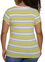 Womens Plus Size Striped Crew Neck Top, Yellow, Size 1X