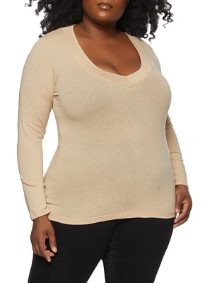 Womens Plus Solid V Neck Long Sleeve Tee,