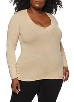 Womens Plus Solid V Neck Long Sleeve Tee,
