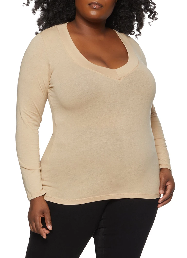 Womens Plus Solid V Neck Long Sleeve Tee, 2X