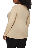 Womens Plus Solid V Neck Long Sleeve Tee,