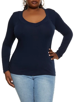 Womens Plus Size Solid V Neck Long Sleeve Tee, Blue, Size 1X